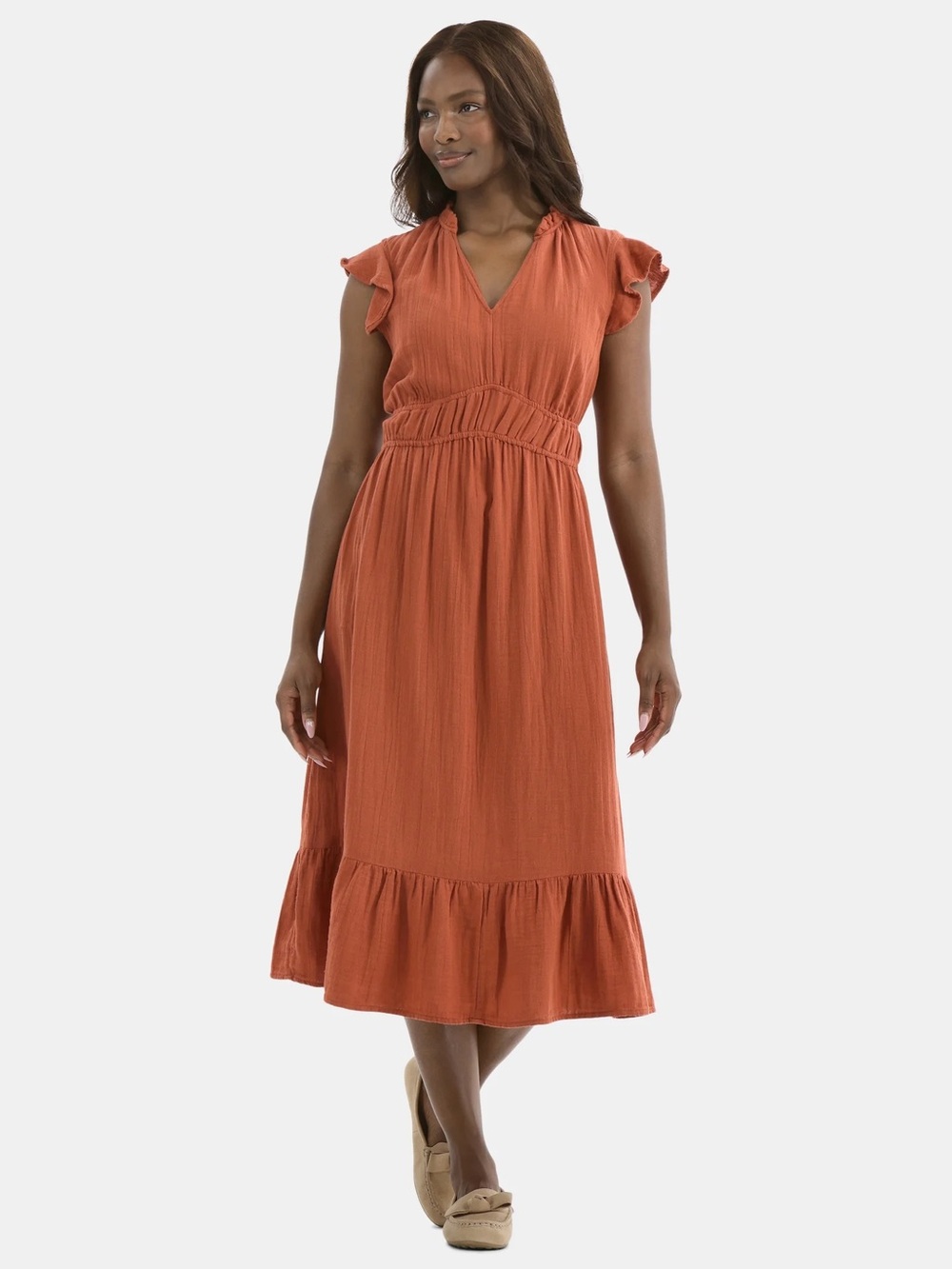 Anthropologie Rust Maxi Dress with Ruffle Cap Sleeves